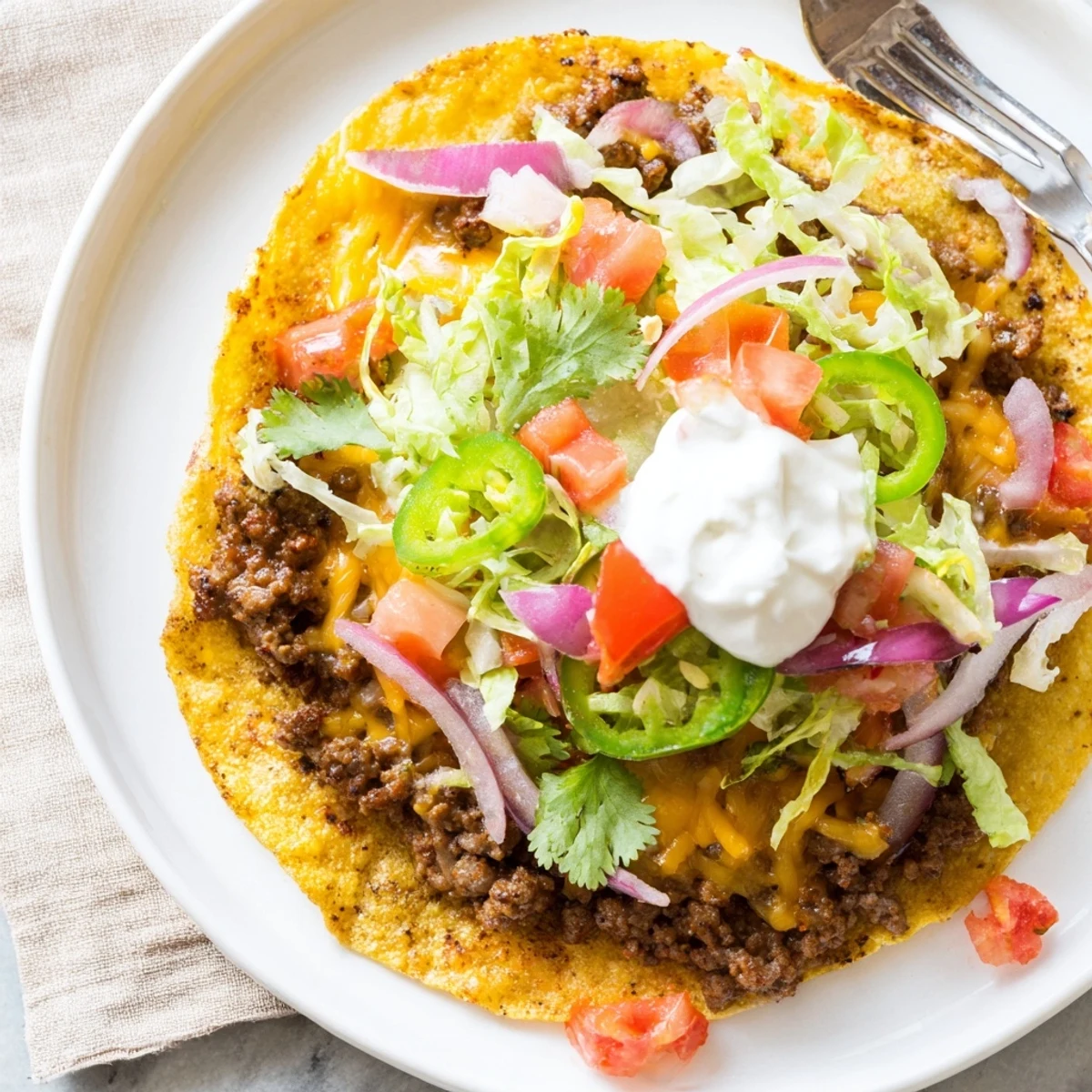 Smashed ground beef patties sizzling on flour tortillas with bubbling cheese and crisp edges, topped with fresh vibrant vegetables