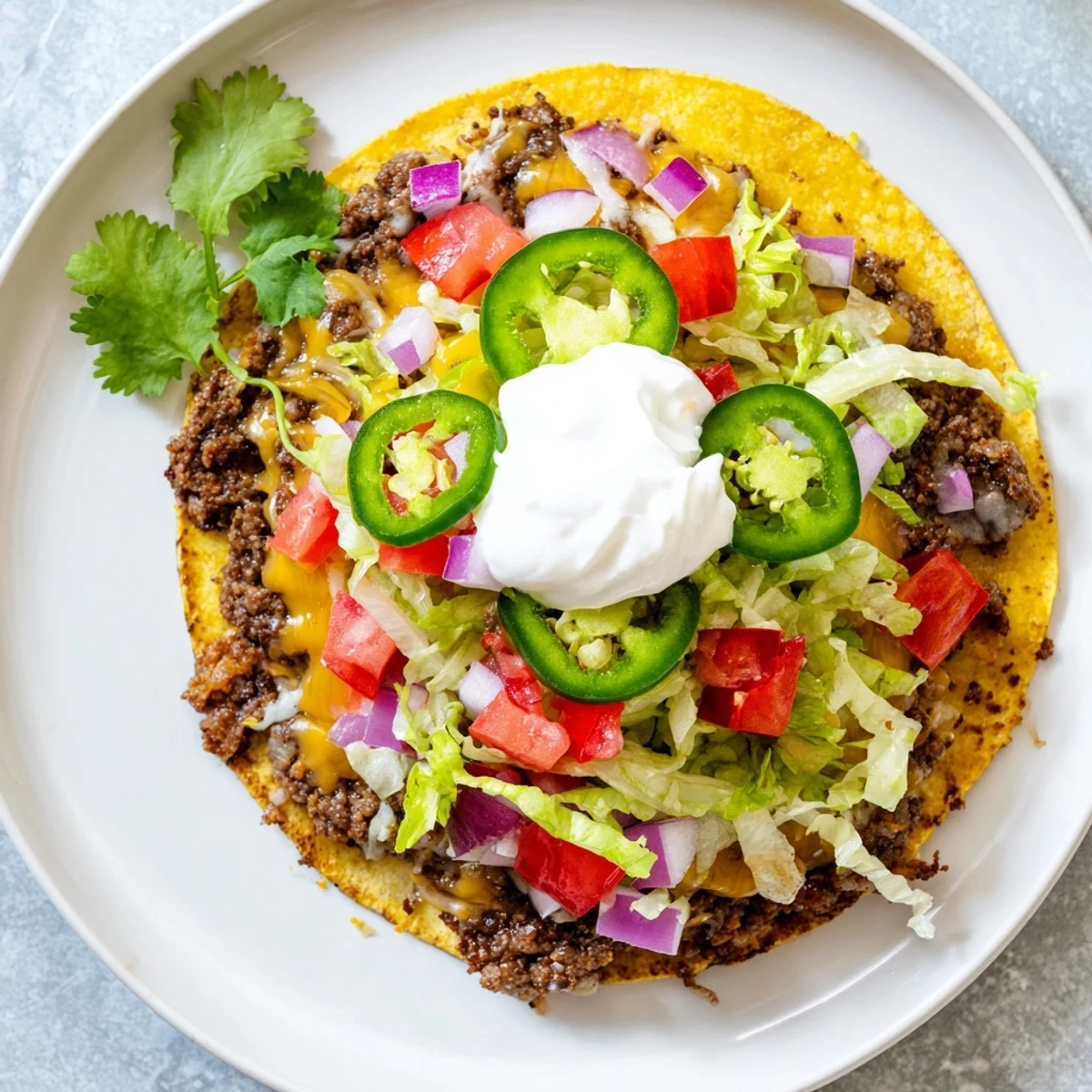 Platter of fully assembled beef smash tacos featuring generous cheese layers, crisp lettuce, diced tomatoes, and creamy sour cream garnish