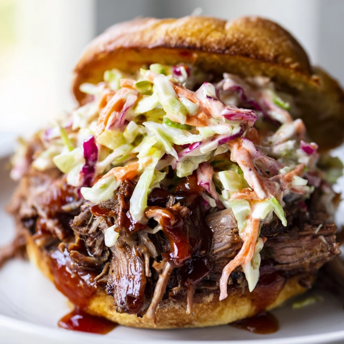 Tender BBQ pulled beef sliders piled on toasted brioche buns with colorful coleslaw