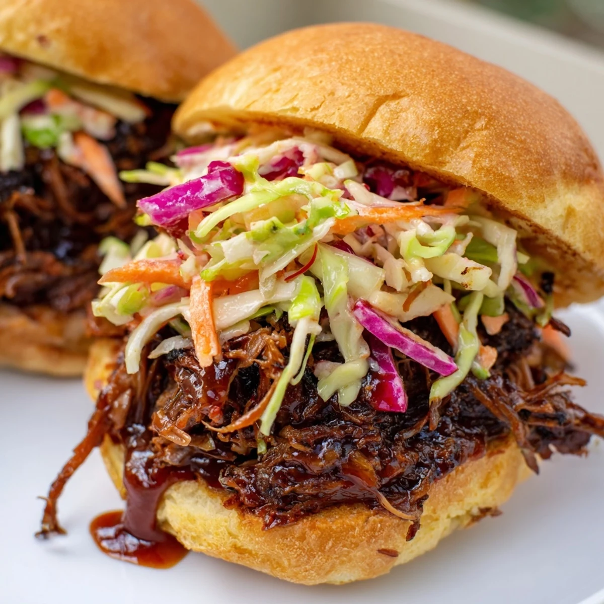 Homemade BBQ pulled beef sliders topped with fresh crunchy coleslaw on buttery brioche buns