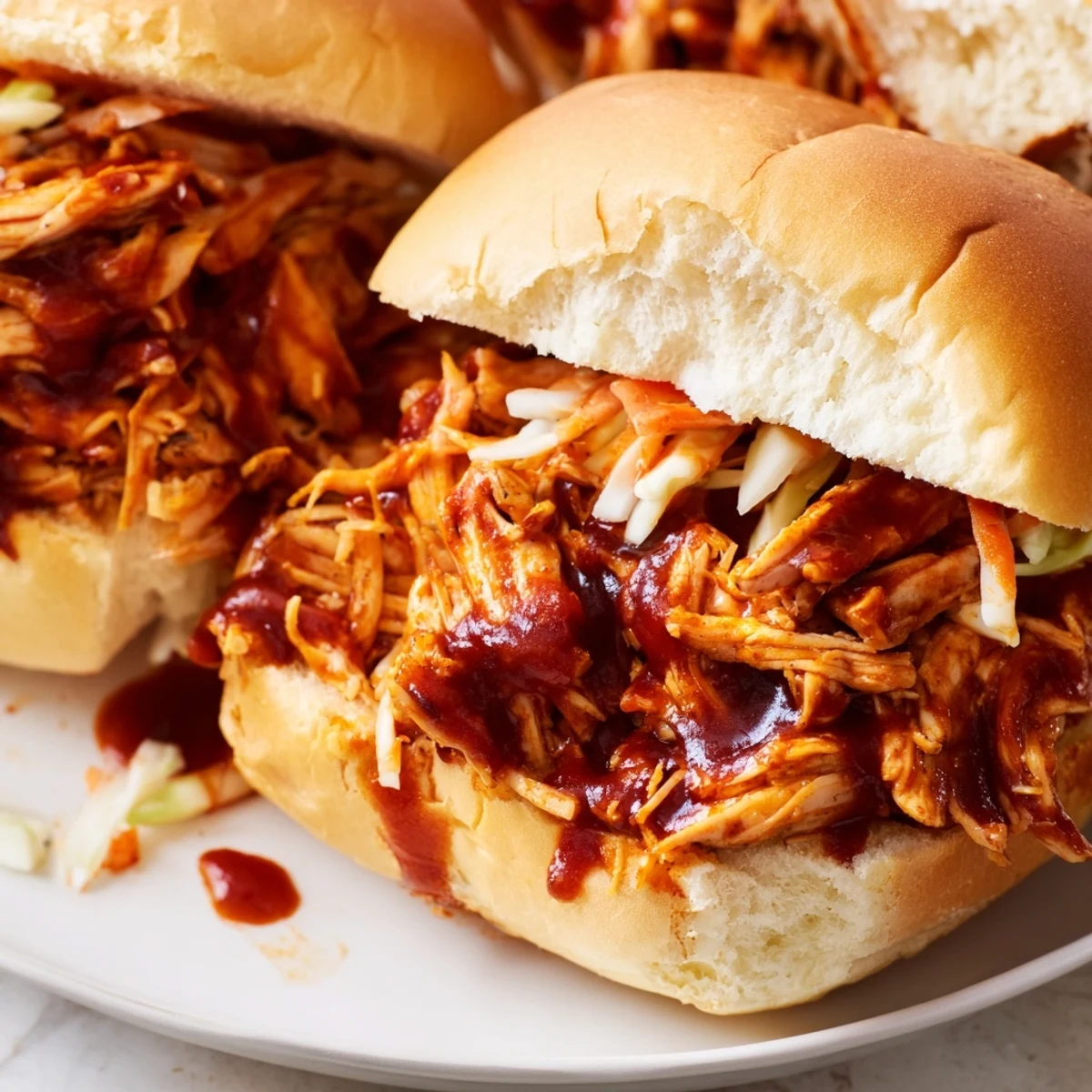 BBQ pulled chicken sliders piled on toasted Hawaiian rolls with creamy coleslaw
