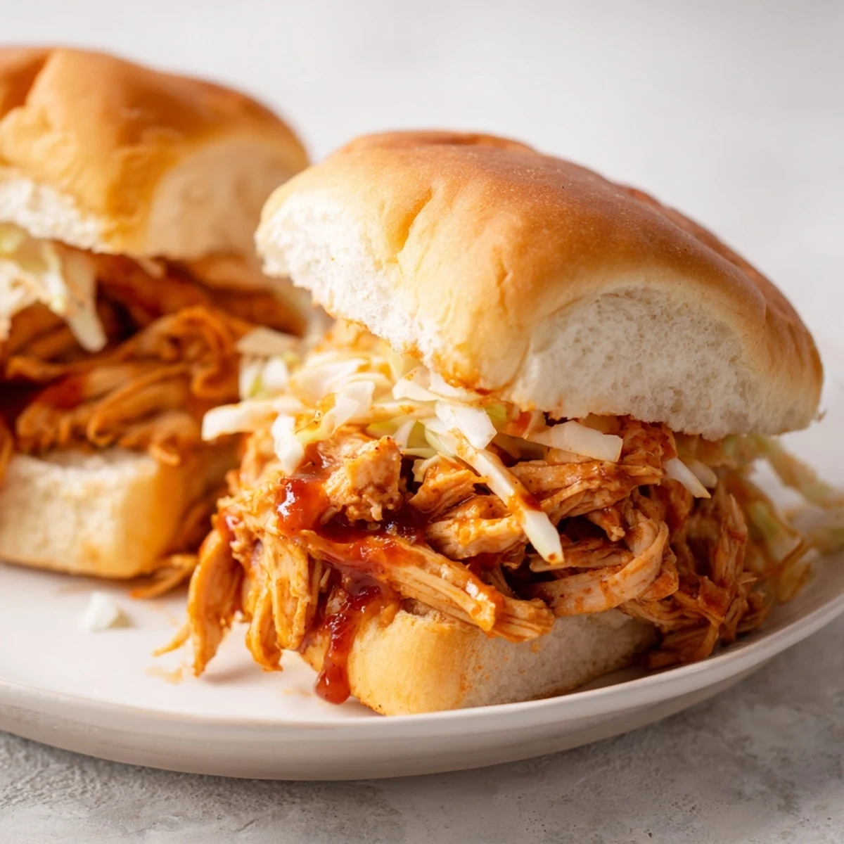 Tender shredded chicken in smoky BBQ sauce served on sweet soft rolls