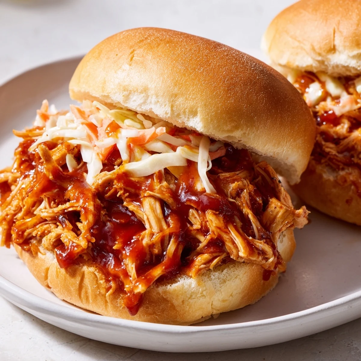 Golden Hawaiian roll sliders stacked with saucy BBQ pulled chicken and toppings