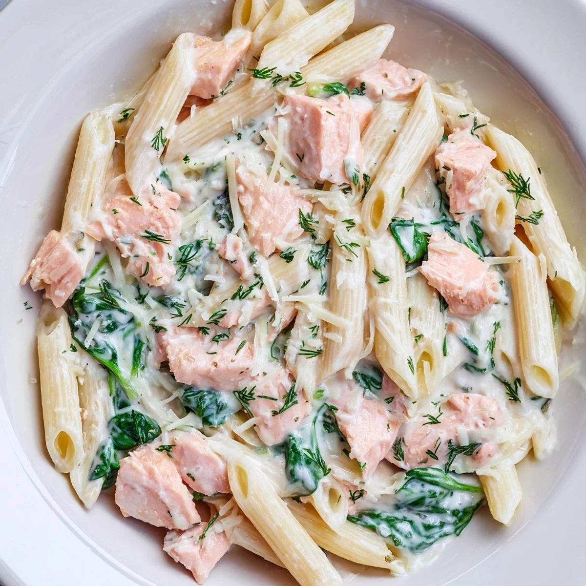 Creamy salmon penne pasta topped with flaky salmon in a rich white sauce and fresh herbs