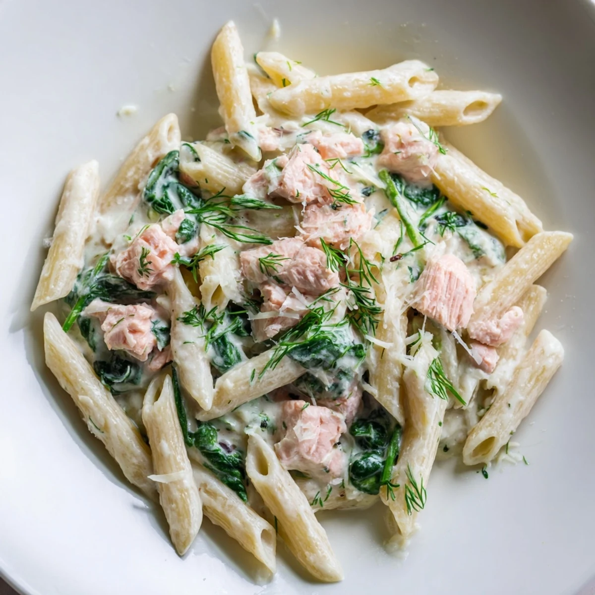 Golden penne pasta tossed with tender salmon chunks in a velvety lemon garlic cream sauce