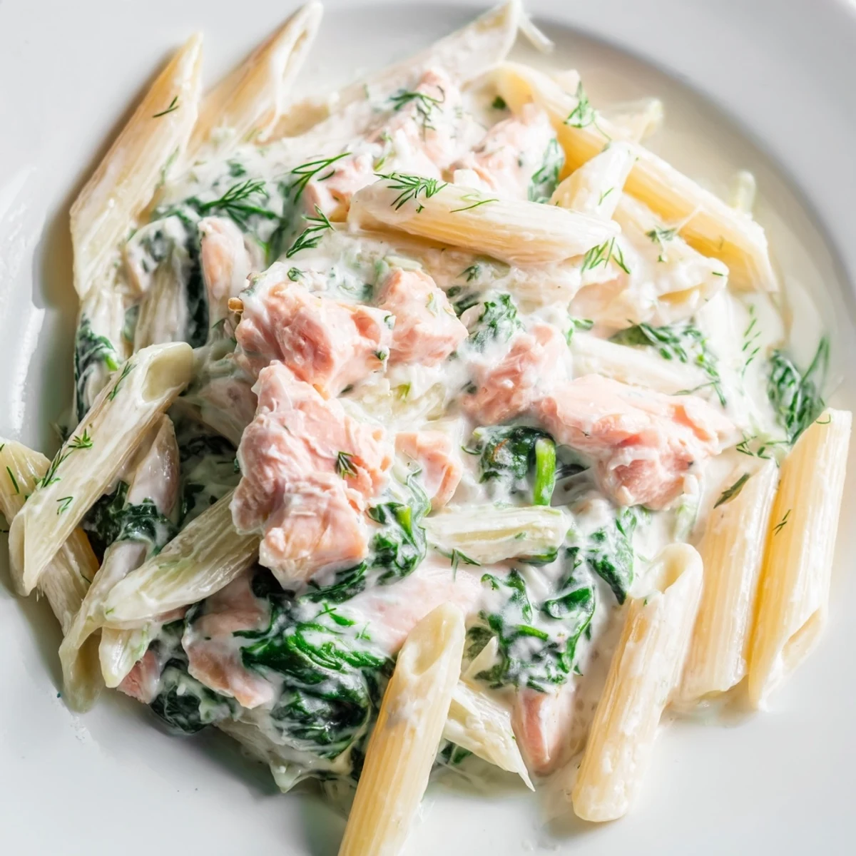 Plated creamy salmon penne with grated Parmesan, dill garnish, and al dente pasta in white bowls