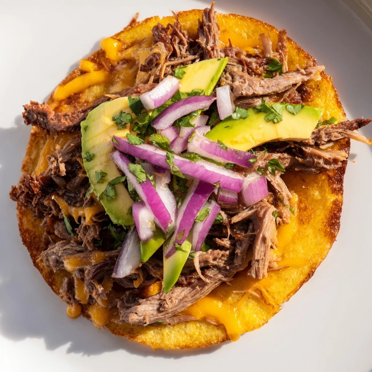 Golden shredded beef tacos featuring a crispy melted cheese crust topped with fresh cilantro and diced red onions
