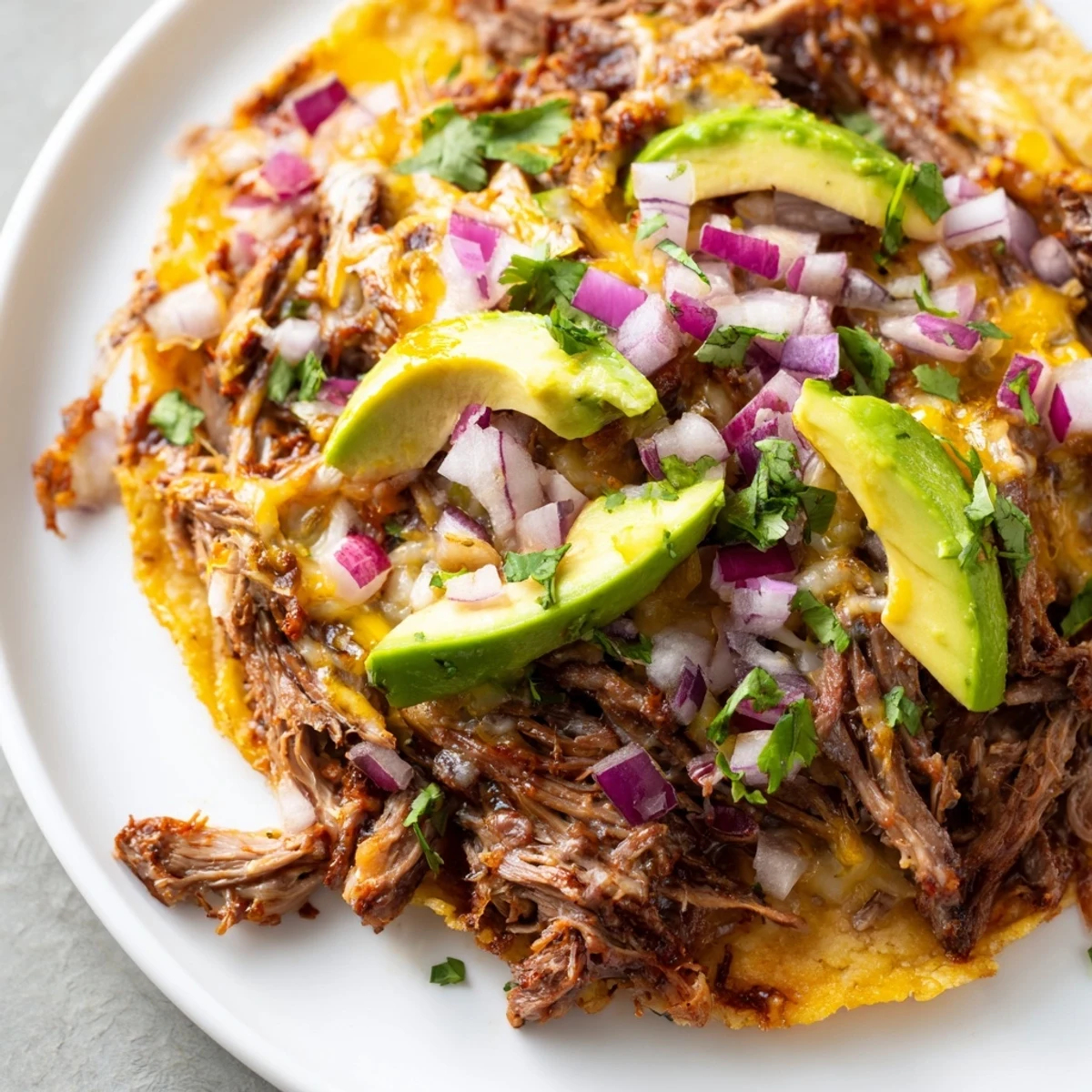 Homemade shredded beef tacos loaded with savory seasoned meat and a golden crispy cheese shell garnished with lime