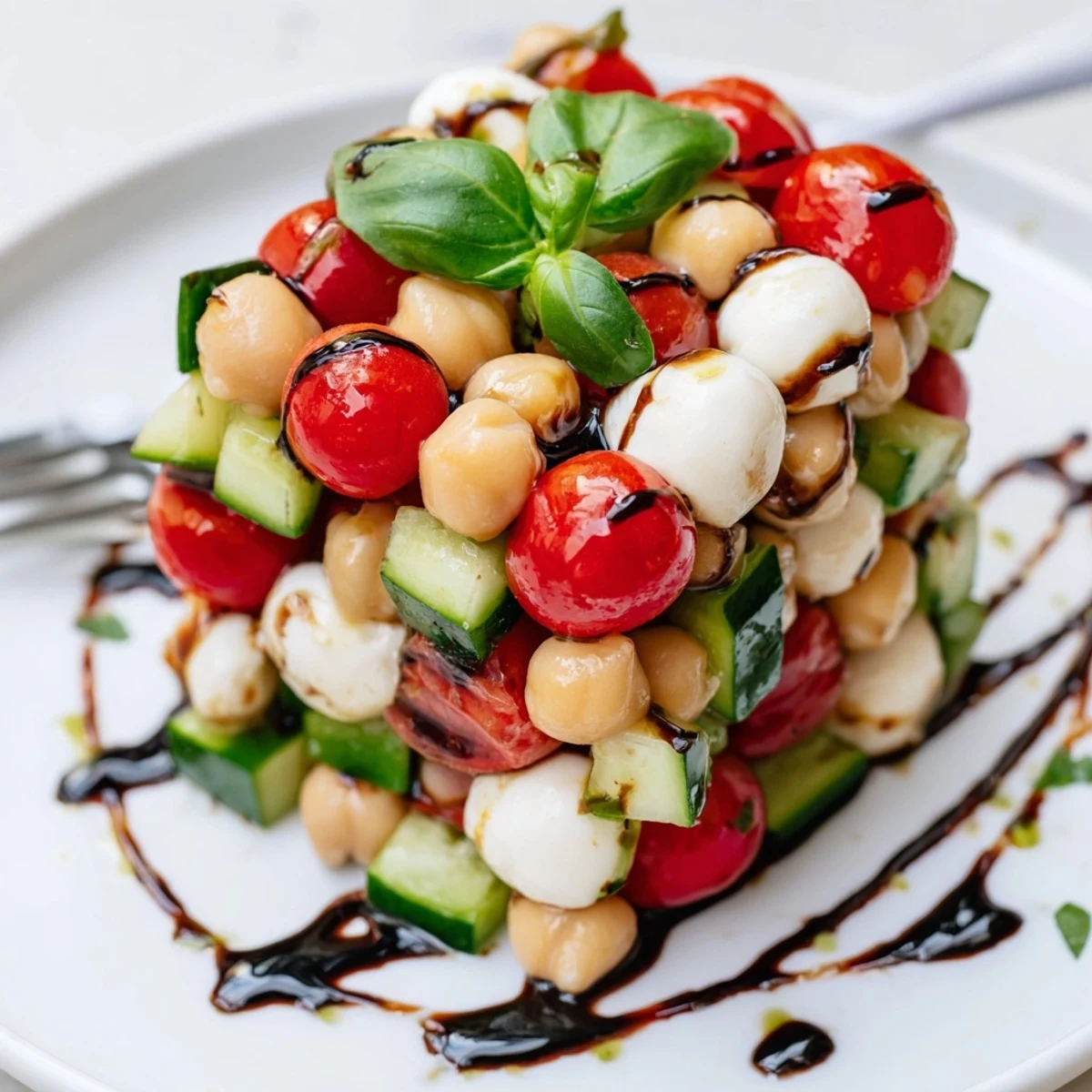 High protein Caprese chickpea salad featuring juicy tomatoes, creamy mozzarella pearls, and fresh basil leaves