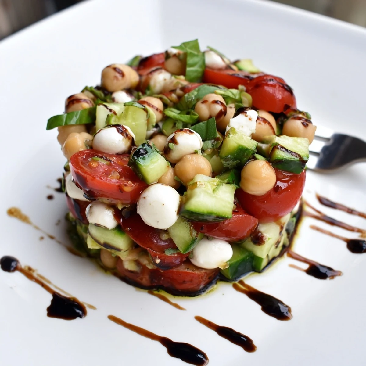 Colorful Caprese chickpea salad bowl with cherry tomatoes, fresh mozzarella, and basil drizzled with balsamic