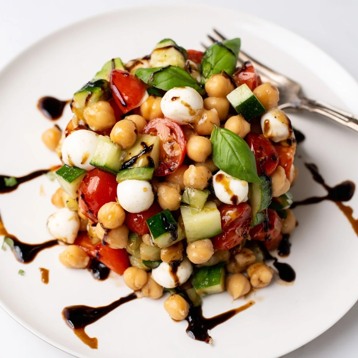 Protein-packed chickpea Caprese salad served on white plate with balsamic glaze and fresh green basil