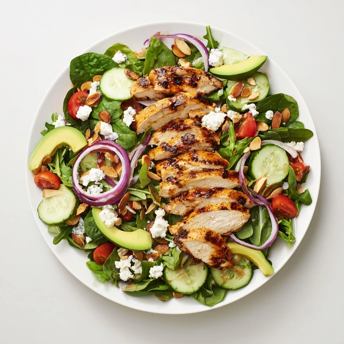 Colorful grilled chicken salad recipe bowl with sliced chicken breast, fresh vegetables, and toasted almonds