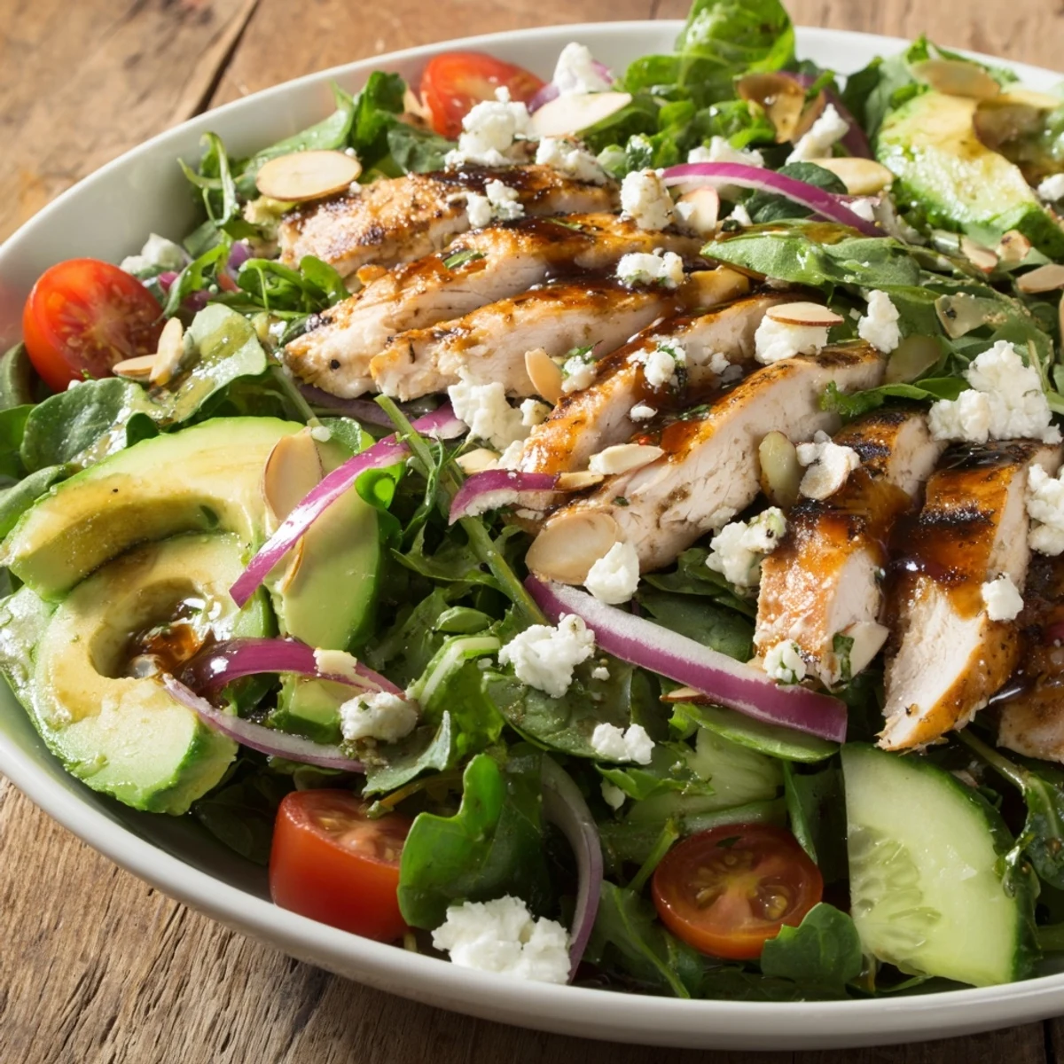 Healthy grilled chicken salad recipe featuring crisp greens, juicy spiced chicken, and creamy avocado