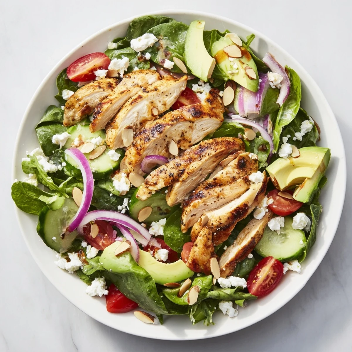 Protein-packed grilled chicken salad recipe with cherry tomatoes, cucumber, feta cheese, and balsamic vinaigrette