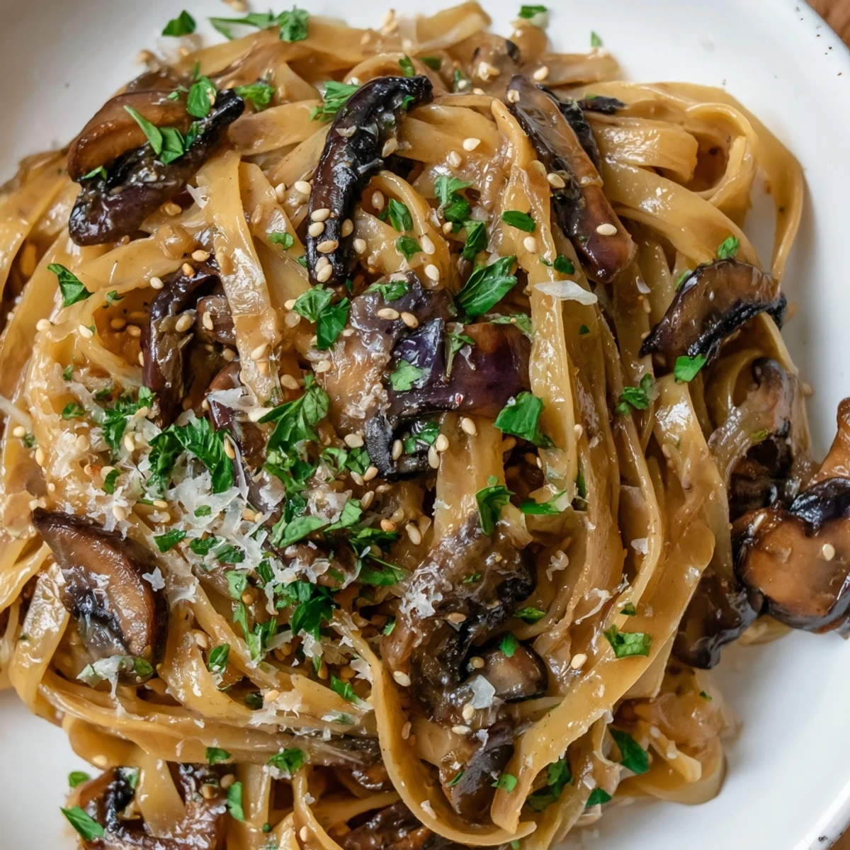 Creamy miso mushroom pasta plated with fresh chives and grated Parmesan cheese for a comforting dinner