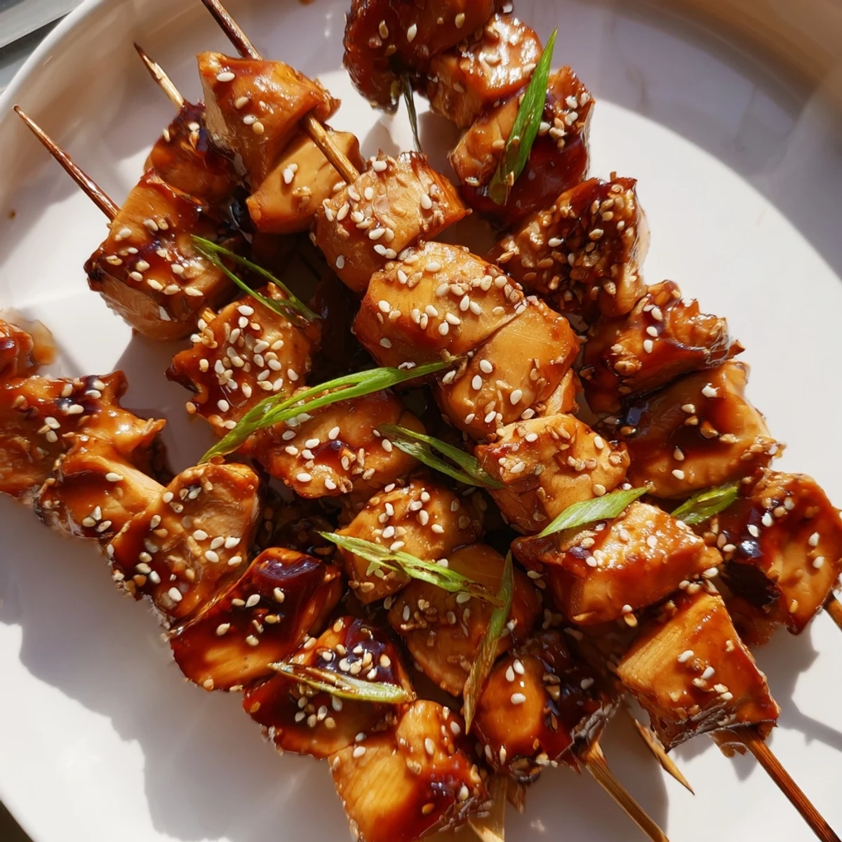 Golden teriyaki chicken skewers glazed with sweet soy sauce and topped with sesame seeds