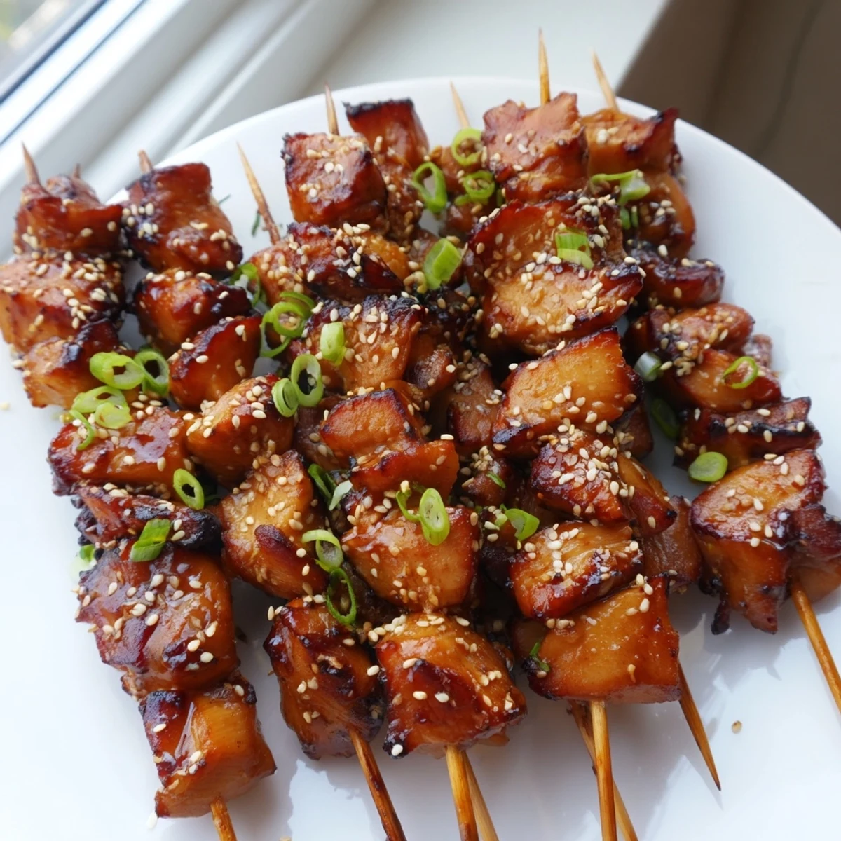 Grilled chicken skewers threaded onto metal skewers with caramelized teriyaki coating and green onions