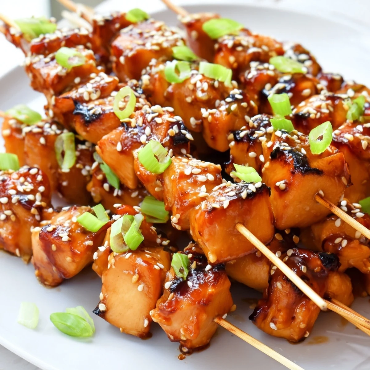 Juicy chicken cubes on wooden skewers brushed with homemade teriyaki glaze and toasted garnish
