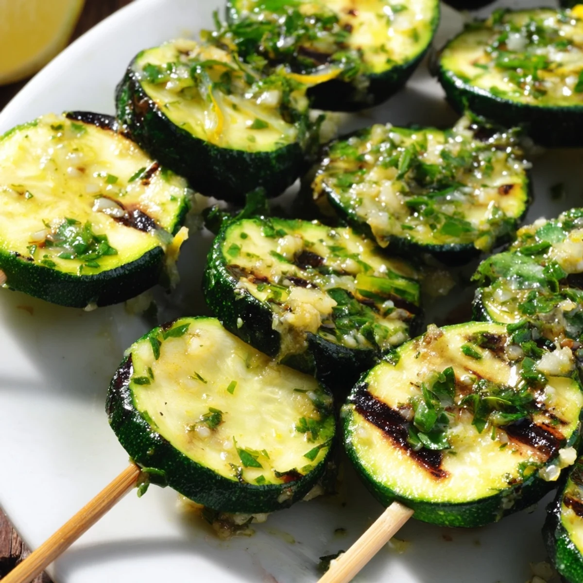 Golden grilled garlic butter zucchini skewers with charred vegetables and fresh parsley garnish on a platter