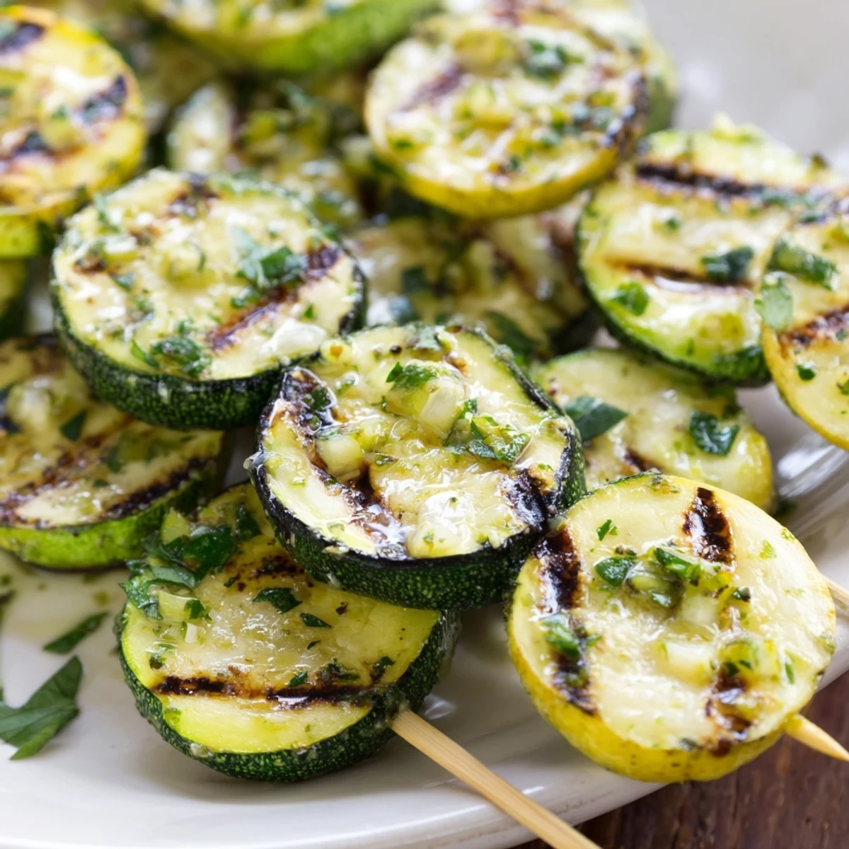 Tender zucchini rounds threaded on skewers brushed with melted garlic butter and lemon zest for grilling