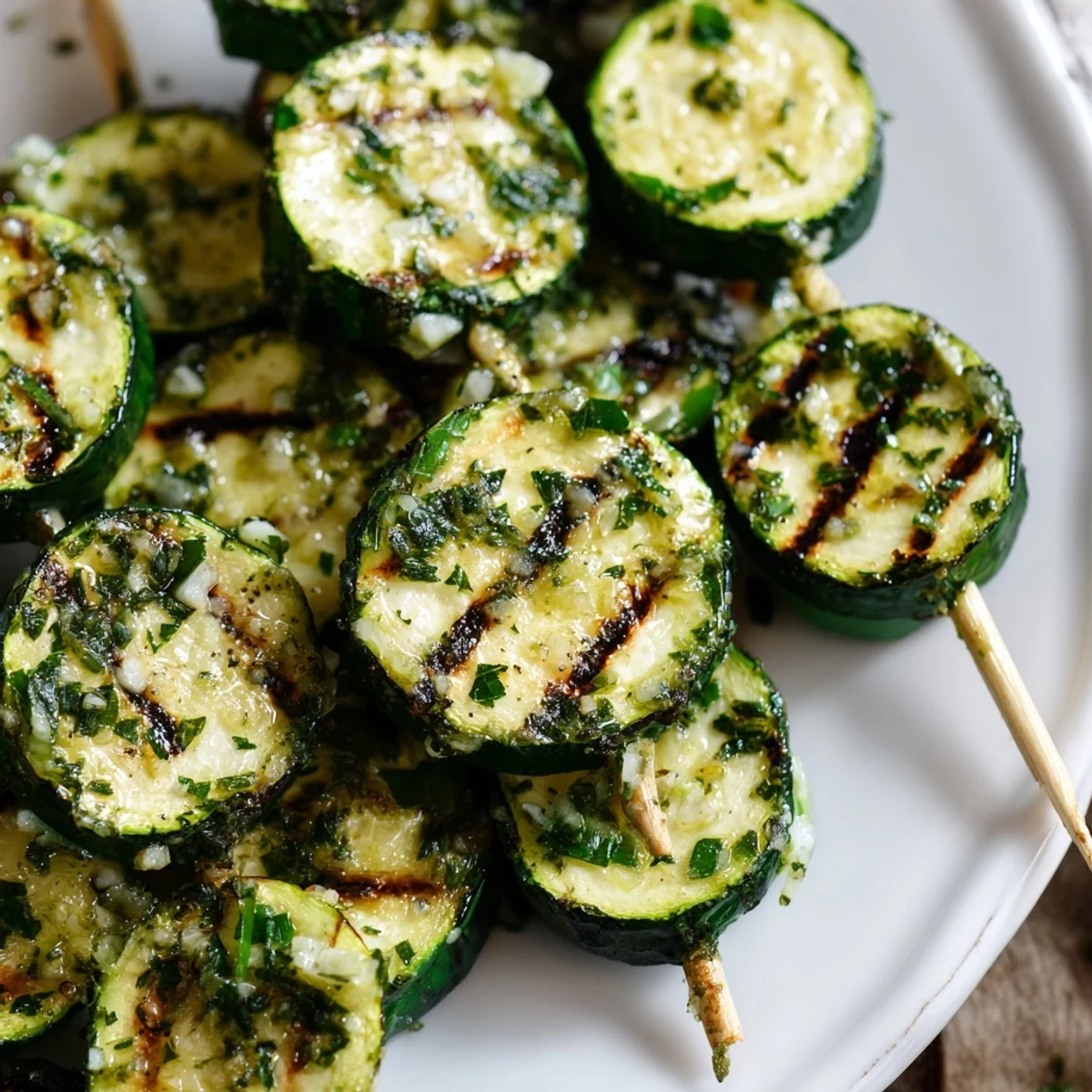 Colorful vegetable skewers featuring zucchini, bell pepper, and red onion coated in aromatic garlic butter sauce