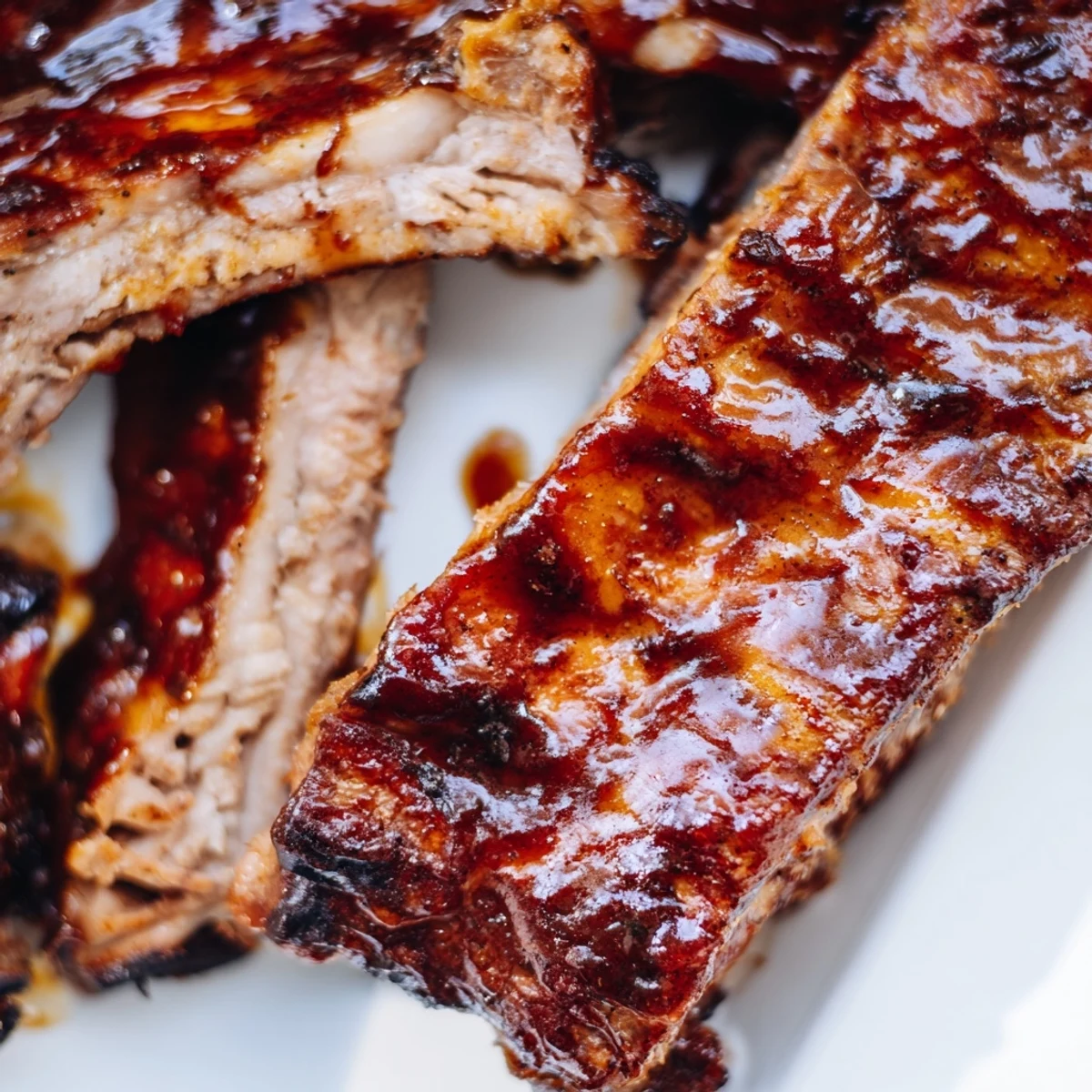 Tender grilled ribs with caramelized barbecue glaze resting on a wooden cutting board