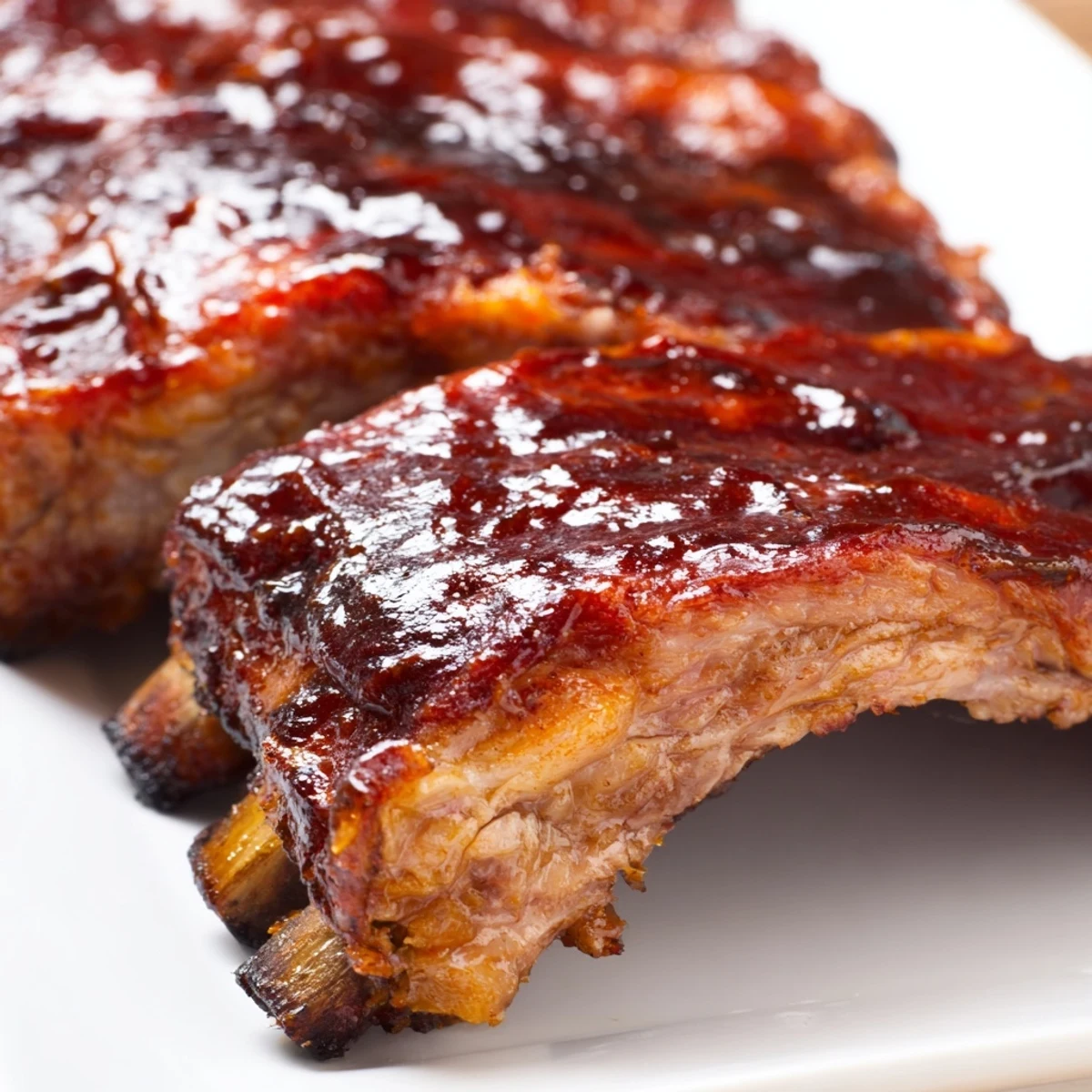 Perfectly smoked pork ribs glazed with sticky barbecue sauce on a rustic serving platter