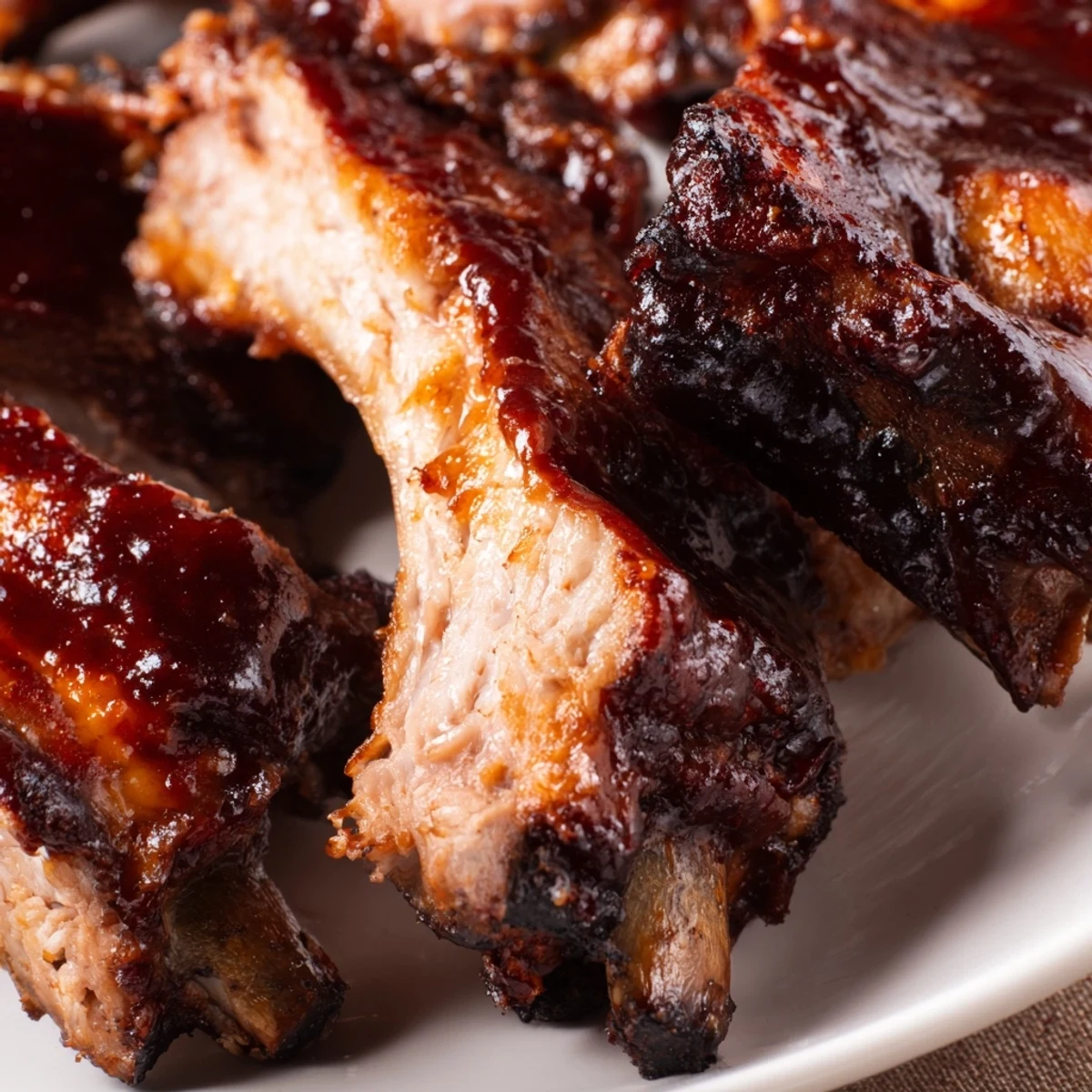 Fall-off-the-bone grilled ribs featuring spice rub and charred barbecue coating on a white plate