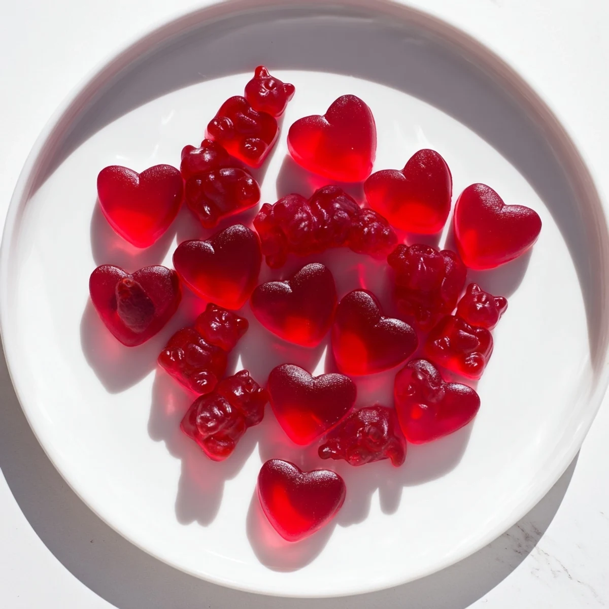 Fresh raspberry fruit gummies resting on a white plate with soft natural lighting