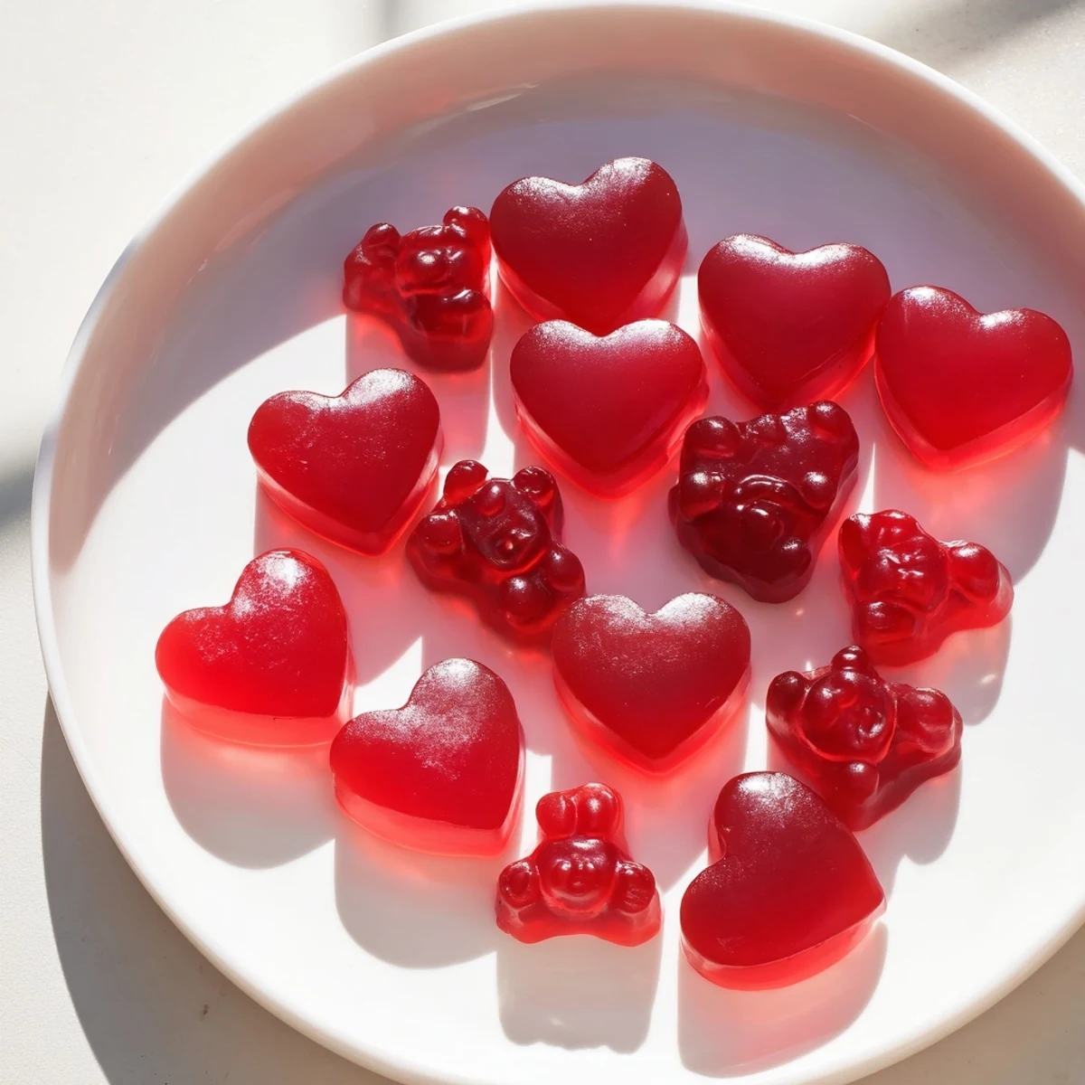 Homemade raspberry gummy snacks stacked neatly showing their translucent jewel-like appearance