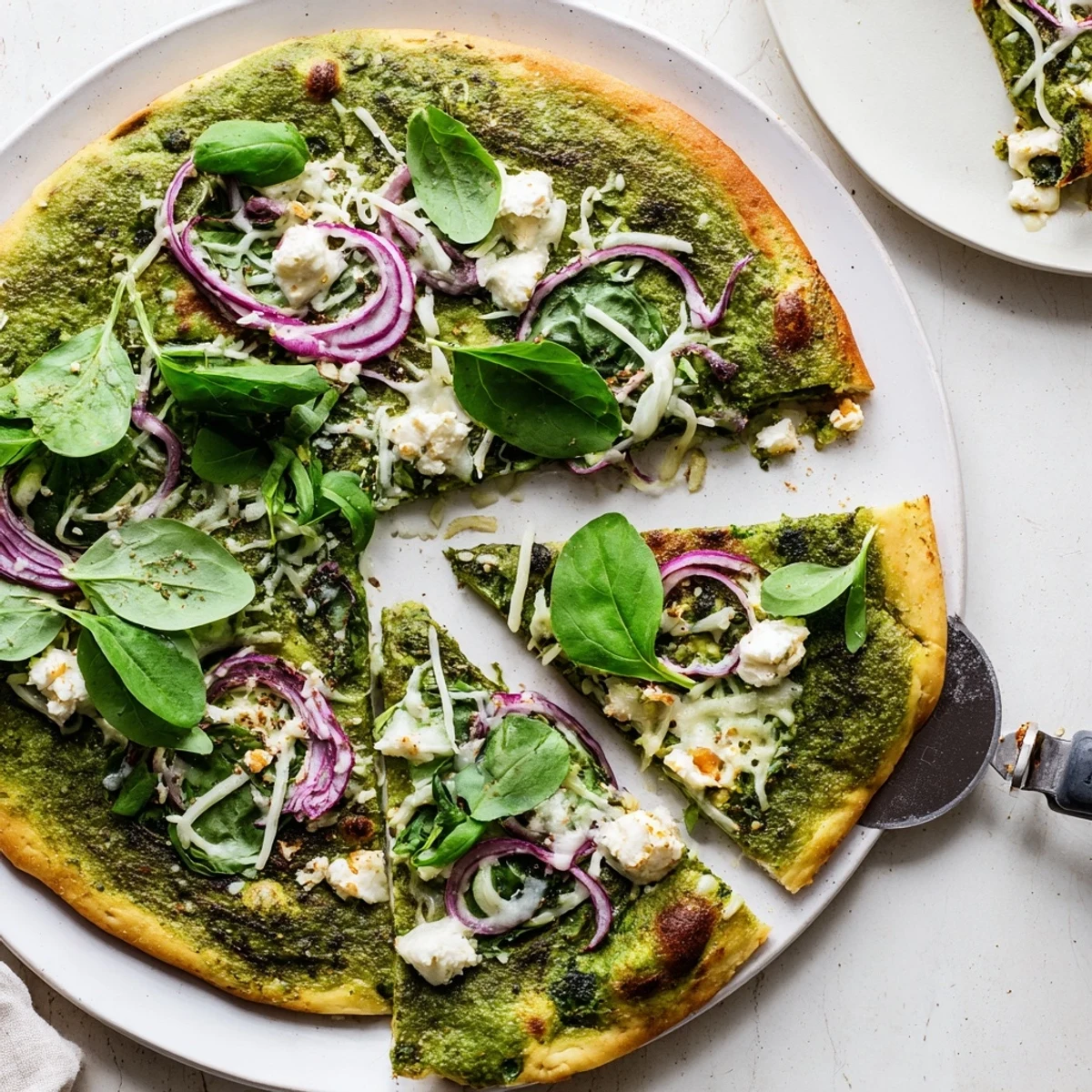 Golden crust pizza topped with vibrant green broccoli pesto, melted mozzarella, and fresh arugula