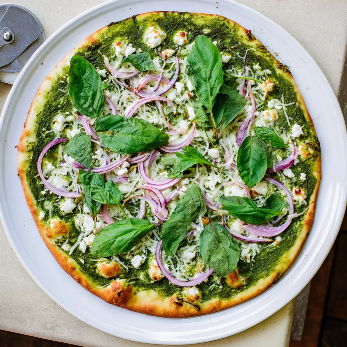 Homemade broccoli pesto pizza bubbling with feta cheese, spinach, and red onion on crispy dough