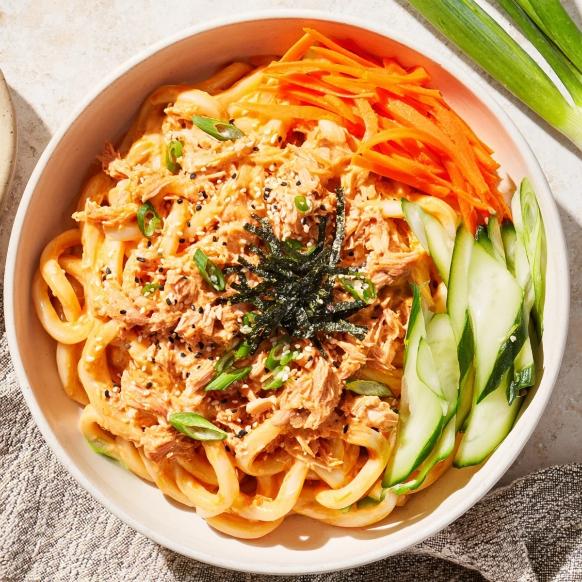 Thick chewy udon noodles tossed in spicy tuna sauce with julienned carrots and crisp cucumber slices