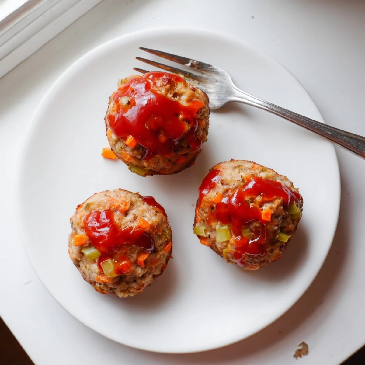 Golden brown turkey meatloaf muffins topped with glossy ketchup glaze in muffin tin
