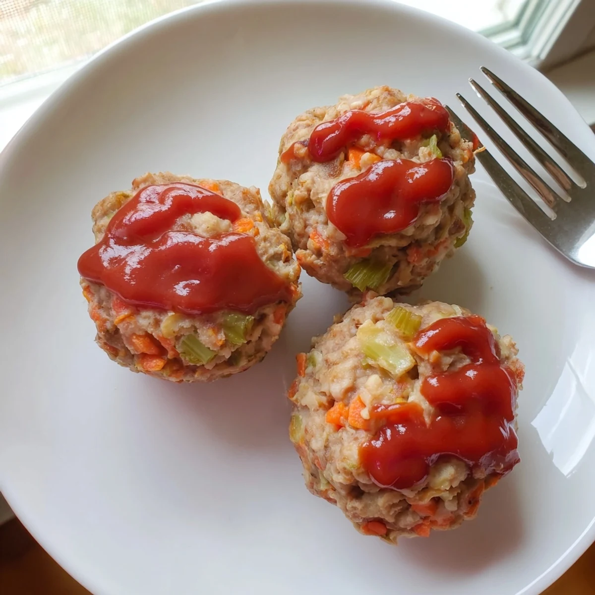 Glazed turkey meatloaf muffins resting in muffin pan with ketchup topping on each