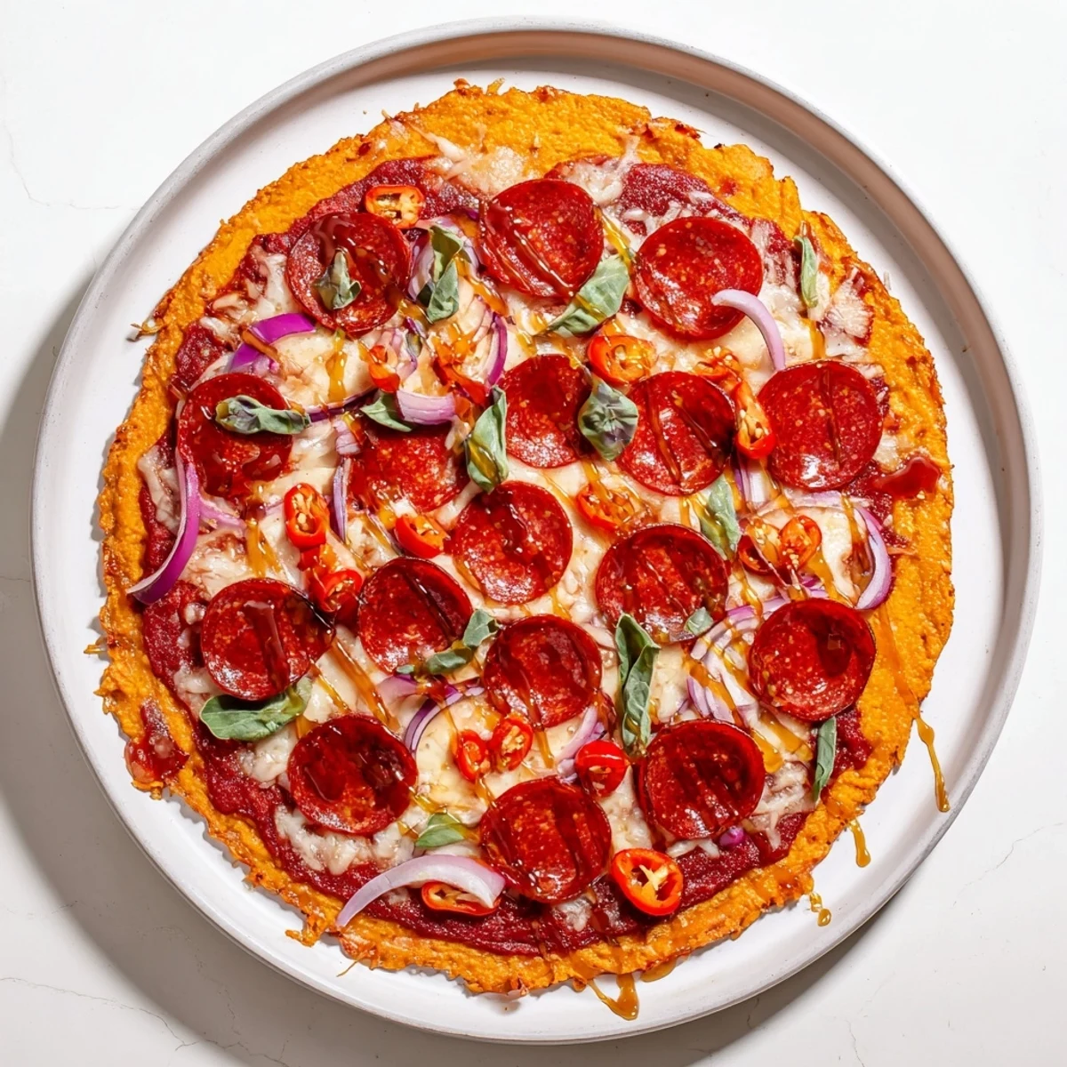 Golden pepperoni hot honey pizza with sweet potato crust featuring bubbling mozzarella and spicy red onion slices