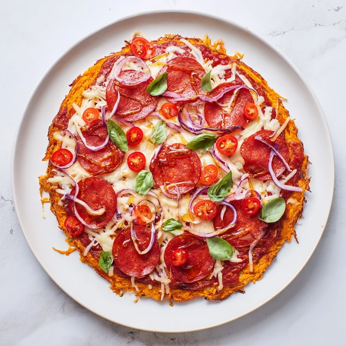 Gluten-free sweet potato crust pizza topped with crispy pepperoni and drizzled with sweet spicy honey glaze