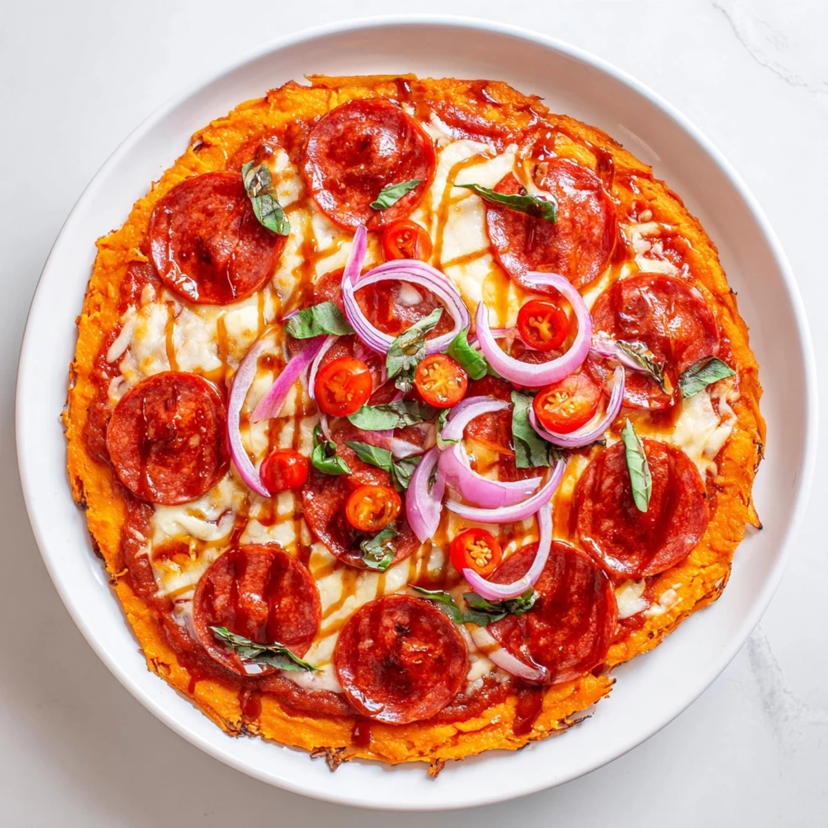 Sliced pepperoni hot honey pizza on orange sweet potato base with melted cheese and fresh basil garnish
