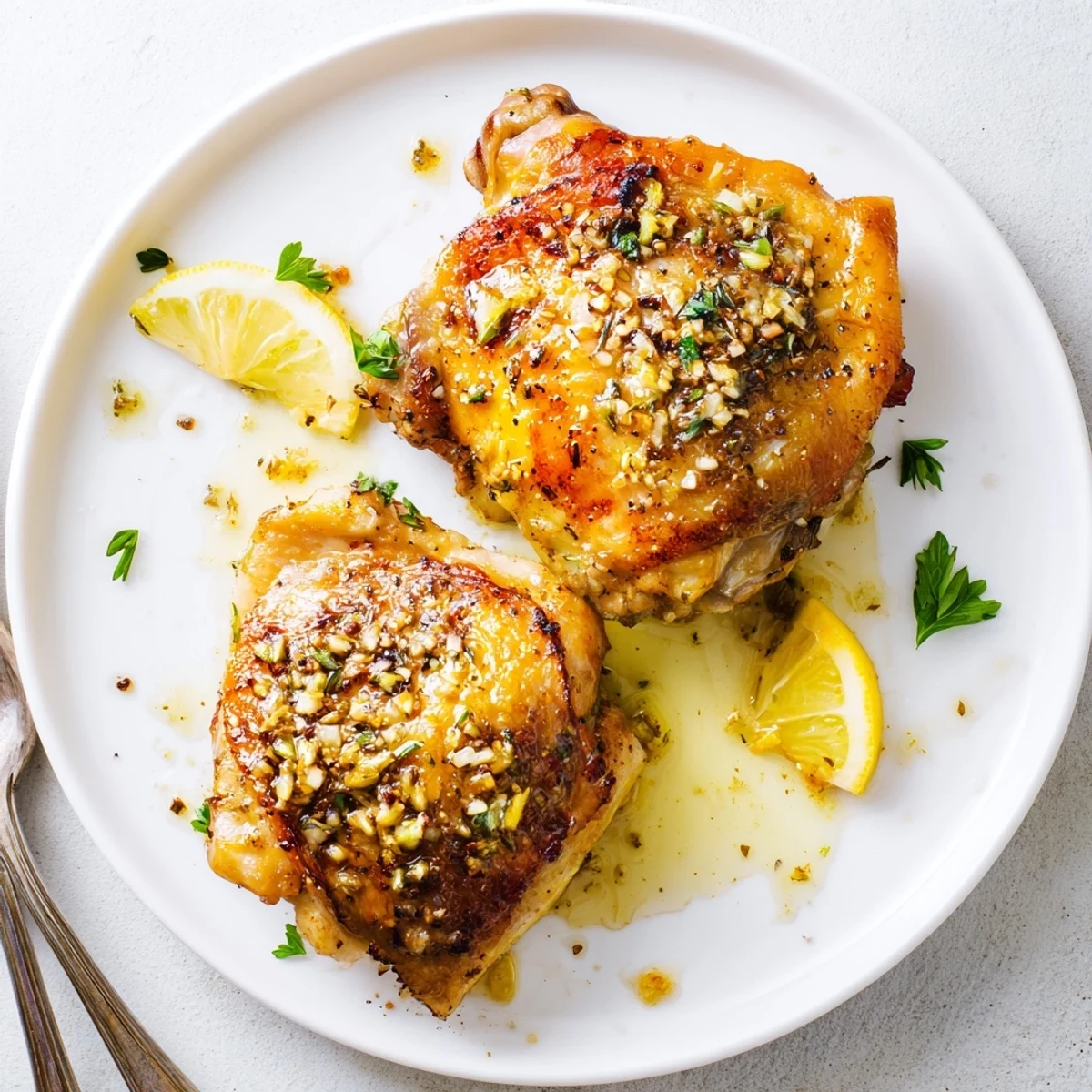 Lemon Pepper Chicken Thighs with golden crispy skin and bright lemon slices