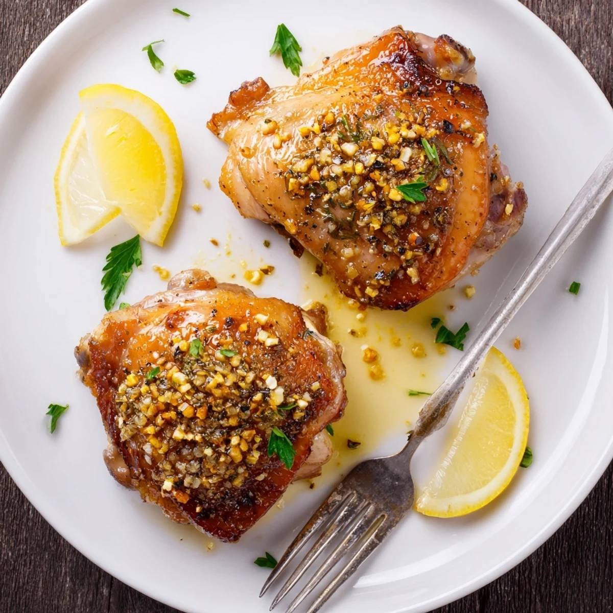 Roasted Lemon Pepper Chicken Thighs steaming on a skillet, herb-scented aroma
