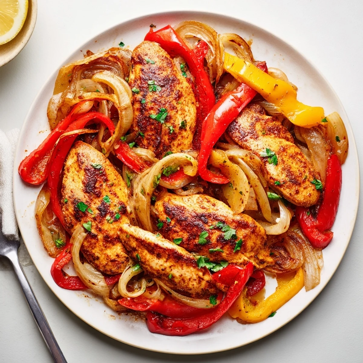 Roasted One Pan Chicken And Peppers glistening with olive oil and charred edges