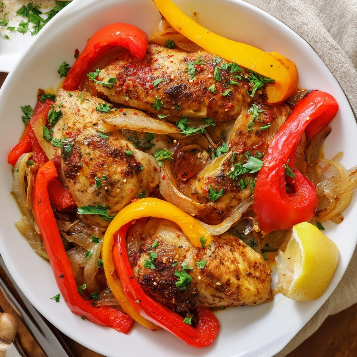 Weeknight One Pan Chicken And Peppers sizzling in a skillet, juicy and aromatic