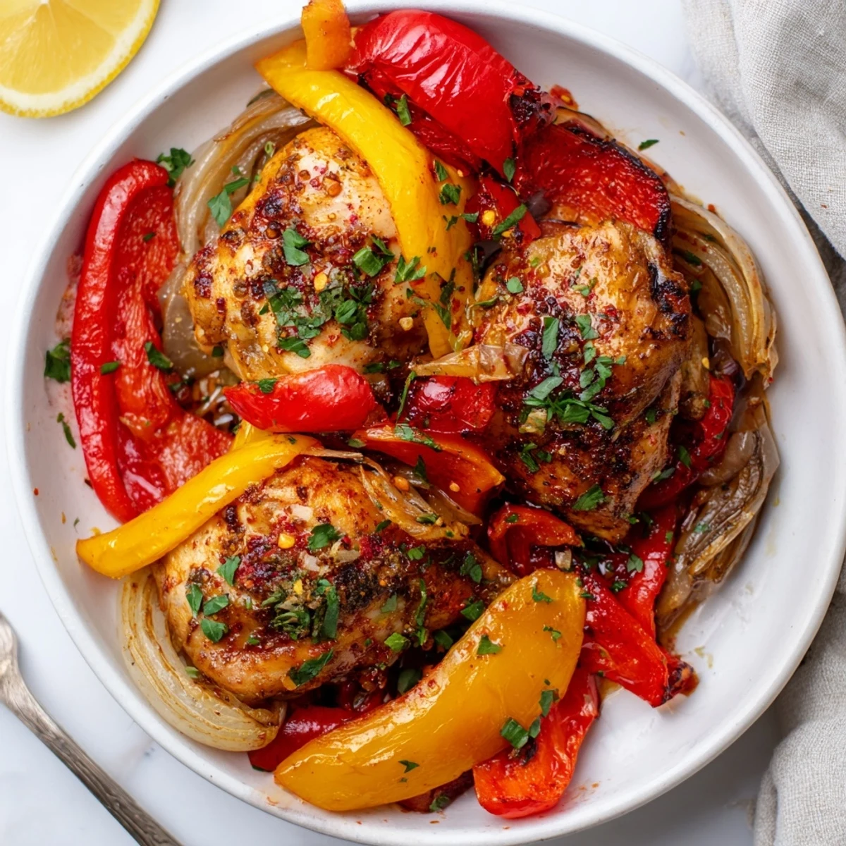 Sliced One Pan Chicken And Peppers served with lemon wedges and fresh parsley