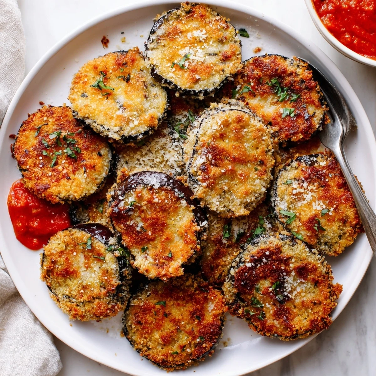 Served hot with marinara, Crispy Baked Eggplant shows tender, crunchy rounds.