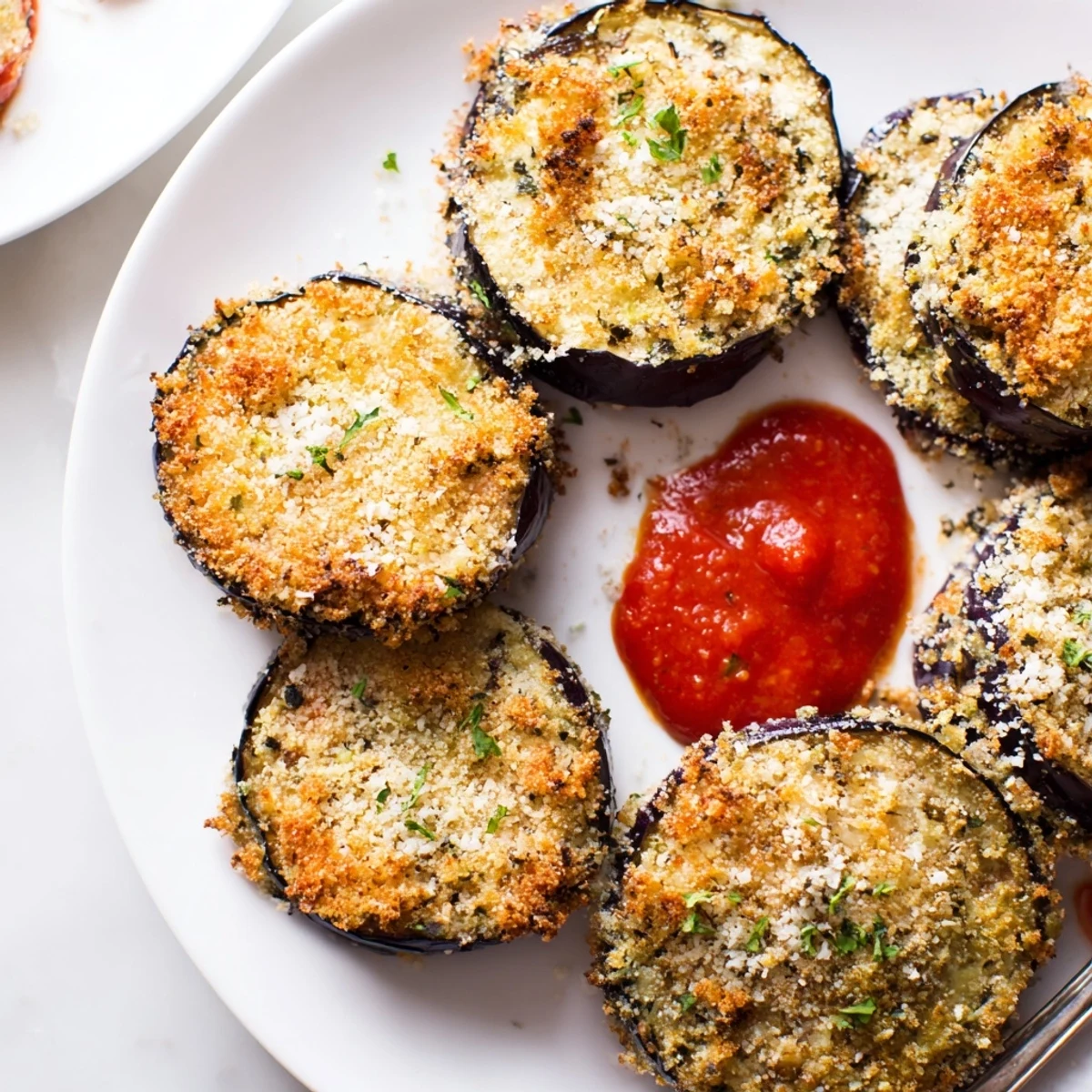 Crispy Baked Eggplant stacked on a plate, golden crumbs and fresh basil.