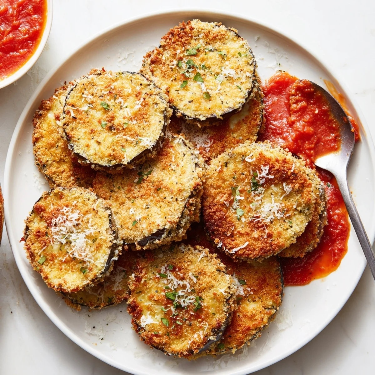 Golden, herbed breadcrumb crust on Crispy Baked Eggplant, aromatic and crisp.