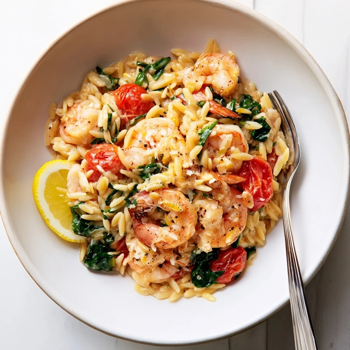 Creamy Shrimp Orzo Recipe with succulent shrimp, wilted spinach, and lemon zest  