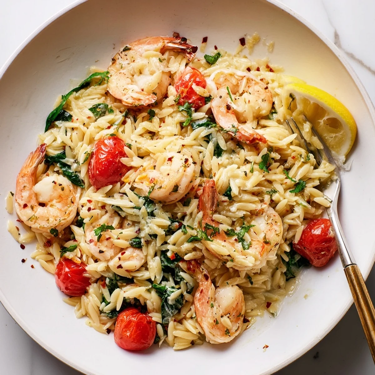 Skillet Creamy Shrimp Orzo Recipe served hot with crusty bread for scooping  