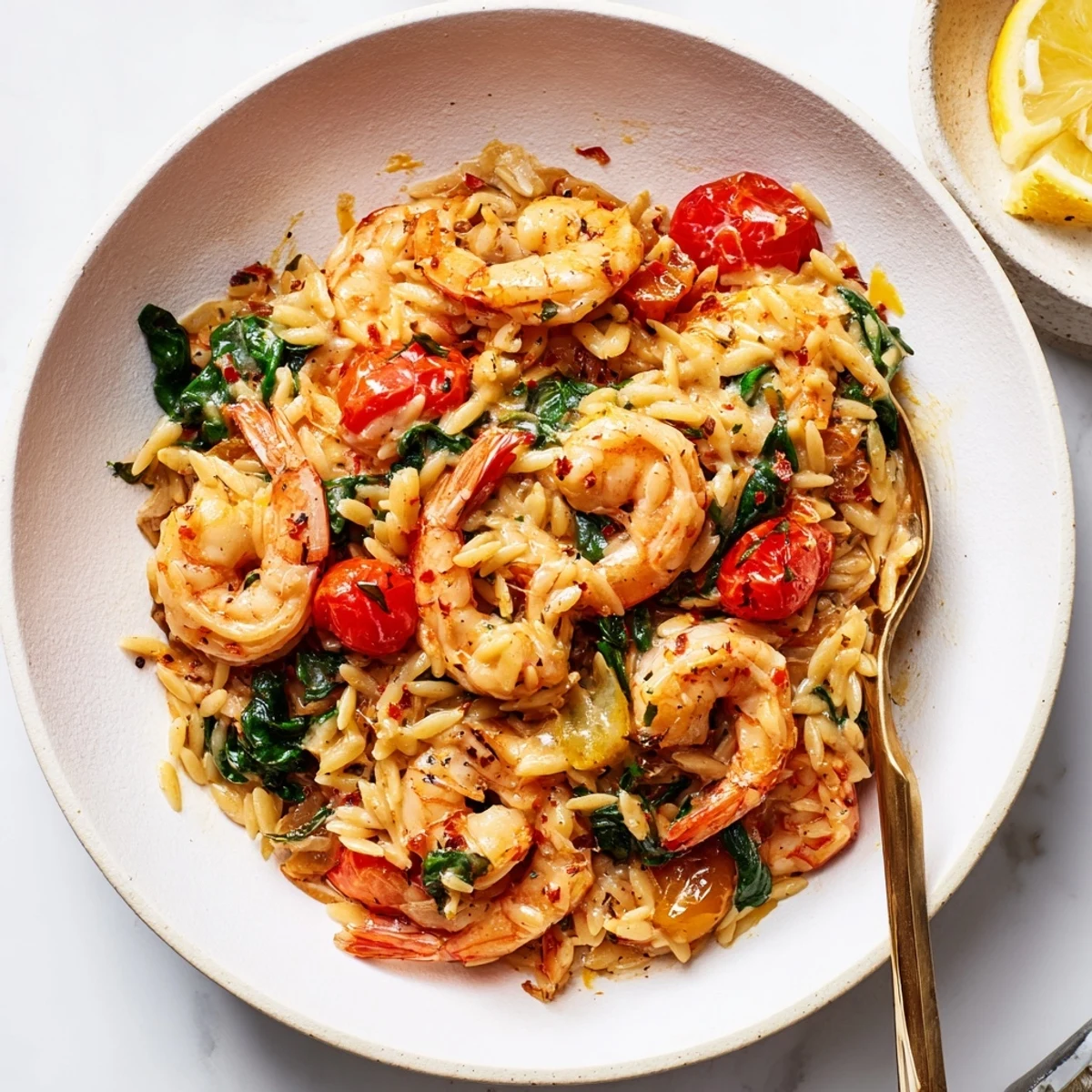 Family-style Creamy Shrimp Orzo Recipe: creamy, peppery, with bursts of cherry tomatoes