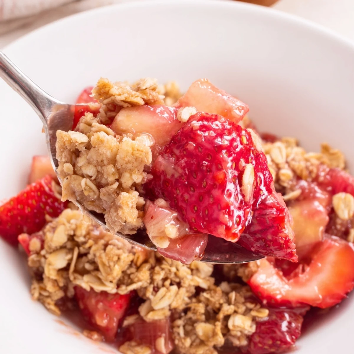 Warm Strawberry Rhubarb Crisp Recipe bubbling in dish, golden oat topping  